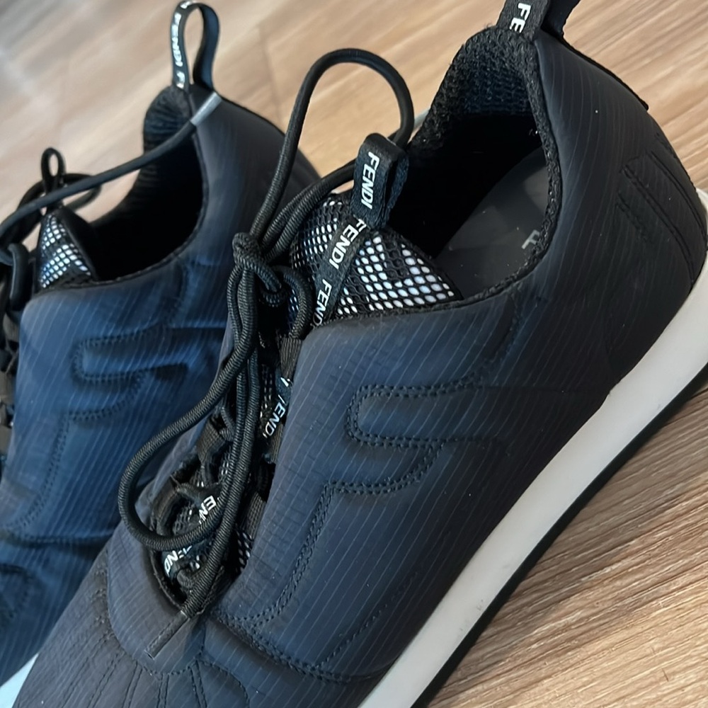 Fendi FF embossed Freedom Dark Navy Blue Quilted Women’s Lace Up Logo Sneakers.